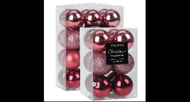 Kerstballen - 28x st - 5 en 6 cm - roze - kunststof - kerstversiering