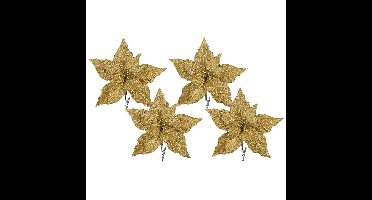 Kerstboom bloemen op clip - 4x stuks - goud - 18 cm - polyester fluweel - kerstster