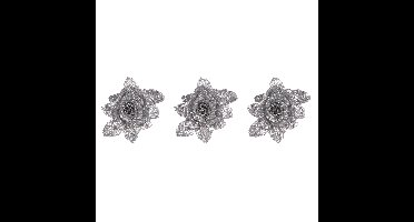 Kerstboomversiering Bloemen - 6x - 10 cm - zilver glitter - op clip - ornament - roos