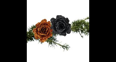 Kerstboomversiering bloemen op clip - 2x st - koper en zwart - 10 cm