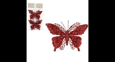 Kerstboomversiering Vlinder - 2x stuks - 16 cm - rood glitter - op clip