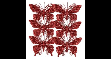 Kerstboomversiering Vlinder - 6x stuks - 16 cm - rood glitter - op clip