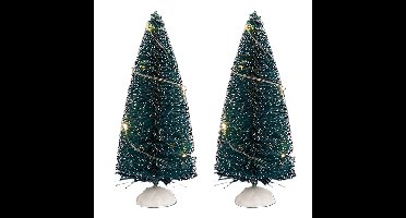 Kerstdorp mini kerstboompjes - 2x st - 15 cm - verlicht - 20 witte LED lampjes
