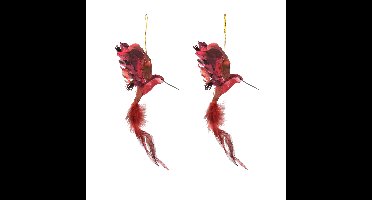 Kersthanger kolibrie vogel - 2x stuks - rood - 18 cm - kunststof - kerstornamenten