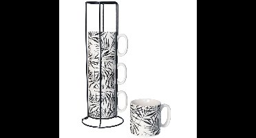 Koffiemokken Botanic - 4x stuks in rekje - Keramiek - zwart - 240 ml - 7 x 8 cm