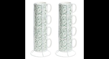 Koffiemokken Botanic - 8x stuks in rekje - Keramiek - lichtgroen - 240 ml - 7 x 8 cm