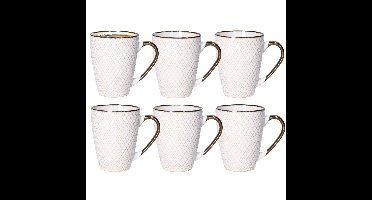 Koffiemokken Harlekijn - 6x stuks - Keramiek - wit/goud - 300 ml - 8 x 11 cm