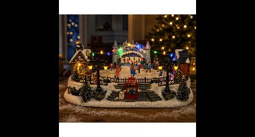 Lumineo Kerstdorp kerst tafereel - schaatsbaan - met verlichting en beweging - 41 cm - polyresin