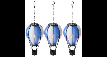 Lumineo solar luchtballon lantaarn - 3x - blauw - H25 x D14 cm - kunststof - vlam effect
