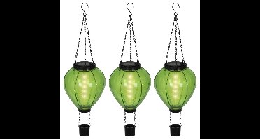 Lumineo solar luchtballon lantaarn - 3x - groen - H26 x D14 cm - kunststof - vlam effect