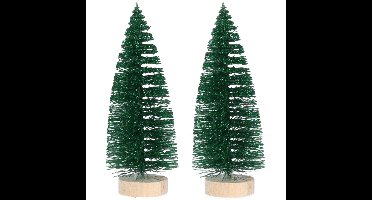 Mini decoratie kerstboompjes - 2x st - groen - glitter - H15 cm - kunststof - miniboompjes