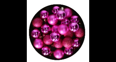 Mini kerstballen - 24x stuks - 3 cm - fuchsia roze - kunststof - mix - kerstversiering