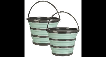 Opvouwbare emmer groen/grijs - 2x - 10 liter - Camping emmer - kunststof
