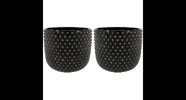 Plantenpot/bloempot Luxery Spike - 2x - keramiek - zwart - Bolletjes motief - D15 x H13 cm