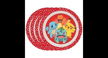 Pok?mon thema ontbijt bordje - 4x - rood - D21 cm - kunststof - ontbijtbord - kinderbord