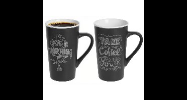 Secret de Gourmet hoge koffie mok / beker - 2x - zwart - keramiek - 500 ml - koffie print
