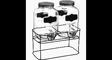 Set van 2x stuks glazen drank dispensers 4 liter in houder met kunststof kraantje en krijt sticker
