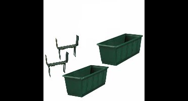 Set van 4 kunststof plantenbakken donkergroen rechthoekig 60 cm met 8 verstelbare balkon/muurbeugels