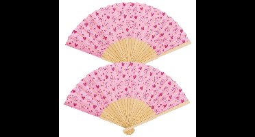 Spaanse hand waaier - 2x - Strik/hart - licht roze - 21 cm - bamboe/papier