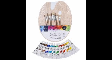 Toppoint Hobby/knutsel schilderen set - met 12 kleuren acryl verf - en houten palet - 12 verfkwasten