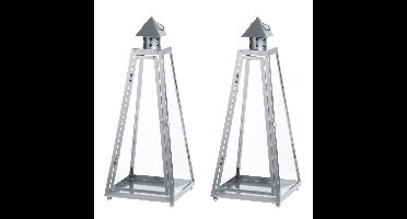 Tuin lantaarn/windlicht - 2x - ijzer - grijs - 21,8 x 21,8 x 54,3 cm