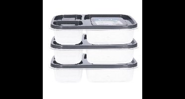 Vershoudbakjes - 3x - 1.15L - 3-vaks - 23 cm - mealprep - bewaarbakjes - antraciet