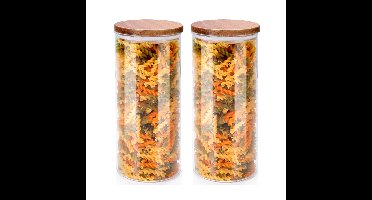Voorraadpot/bewaarpot Foodking - 2x - borosilicaat glas - 1250 ml - glas/hout - D9.5 x H21 cm