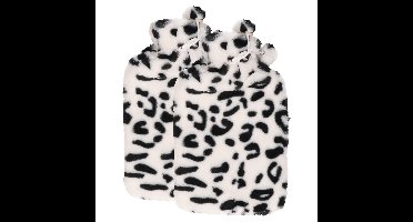 Warmwaterkruik - 2x - met zachte dierenprint hoes - wit/zwart - 1,75L - kruik