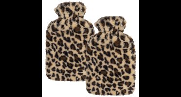 Warmwaterkruik - 2x - panterprint / luipaardprint - bruin - 2L - pluche - met hoes - kruik