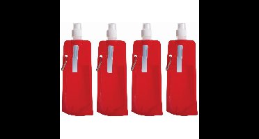 Waterfles / drinkfles opvouwbaar - 4x - rood - kunststof - 400 ml - schroefdop - en ophanghaak