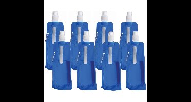 Waterfles / drinkfles opvouwbaar - 8x - blauw - kunststof - 400 ml - schroefdop - en ophanghaak