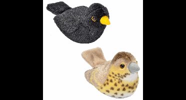 Wild Republic Set van 2x stuks pluche vogels knuffels - 14 cm - met geluid - Merel en Zanglijster