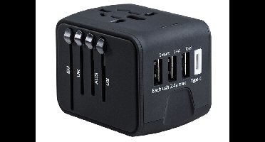 Fedec Universele Wereldstekker met 3 USB-poorten en 1 USB-C poort - Voor 150+ Landen - Zwart