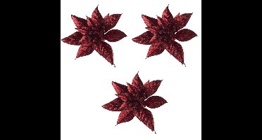 3x Kerstversieringen glitter kerststerren bordeaux/donkerrood op clip 8 cm