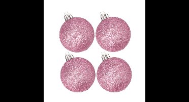 4x stuks kunststof glitter kerstballen roze 10 cm