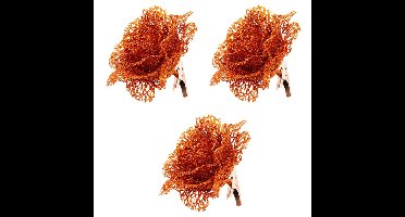 6x Glitter bloemen op clip oranje 10 cm feestversiering