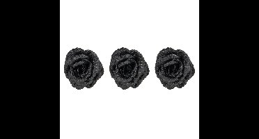 6x stuks decoratie bloemen roos zwart glitter op clip 15 cm
