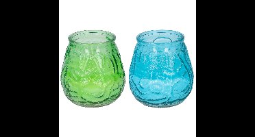 Arti Casa 4x stuks citronella Lowboy tafelkaarsen - 10 cm - blauw en groen glas