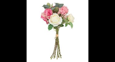 Atmosphera Kunstbloemen boeket - H50 cm - roze/groen/wit - rozen