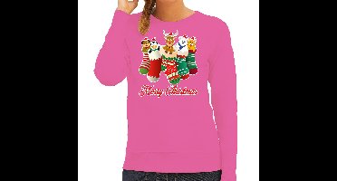 Bellatio Decorations Foute Kersttrui - roze - kerstsokken - dames