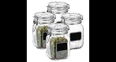 Bormioli Rocco Voorraad/weckpot - 4x - glas - transparant - krijtplaatje - 16 x 10,6 cm - 1 L