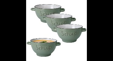 Excellent Houseware soepkom gres - 6x - groen - porselein - D14 cm
