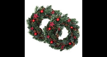 HI Kerstkrans gedecoreerd - 2x - D34 x 8 cm - rood - kunststof