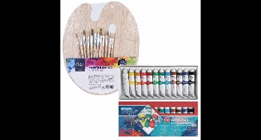 Hobby verfset voor kinderen met acrylverf schilderspalet en 12 kwasten