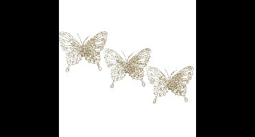 House of Seasons kerst vlinders op clip - 3x st - champagne glitter - 10 cm