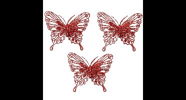 House of Seasons vlinders op clip - 3x stuks - rood glitter - 10 cm