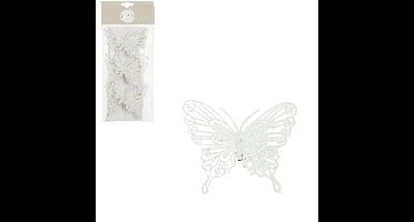 House of Seasons vlinders op clip - 3x stuks - wit glitter - 10 cm