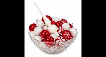 Kerstballen - 60x - wit met rood - kunststof - incl. glazen piek