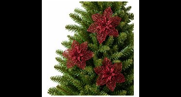 Kerstboomversiering Kerstster - 3x - 17 cm - rood glitter - clip