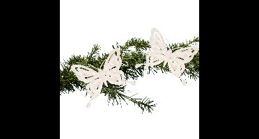 Kerstboomversiering Vlinder - 2x - 14 cm - wit glitter - clip
